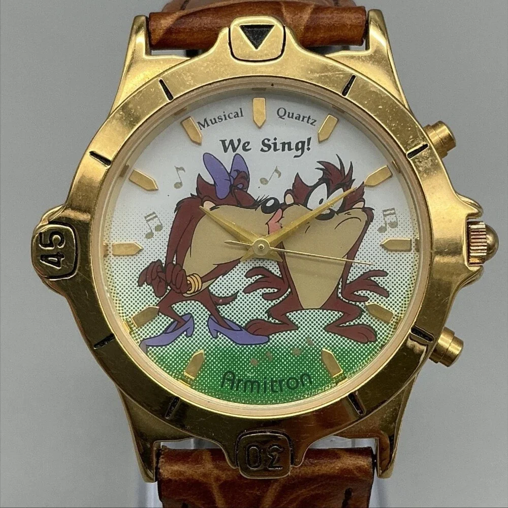 Vintage Armitron We Sing Mens Watch 36mm Taz Musical Dial Gold Tone New Battery
